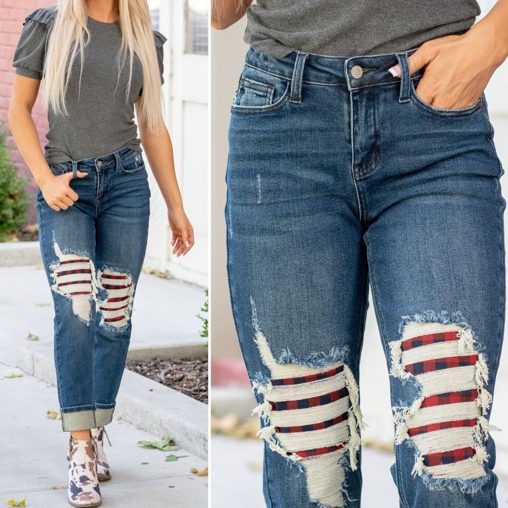 Judy Blue Buffalo Plaid Patch Midrise Cuffed Boyfriend Jeans Dark Wash Size 29 - Picture 15 of 15